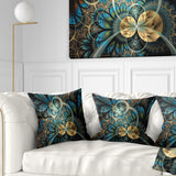 Symmetrical Blue Gold Fractal Flower - Abstract Throw Pillow