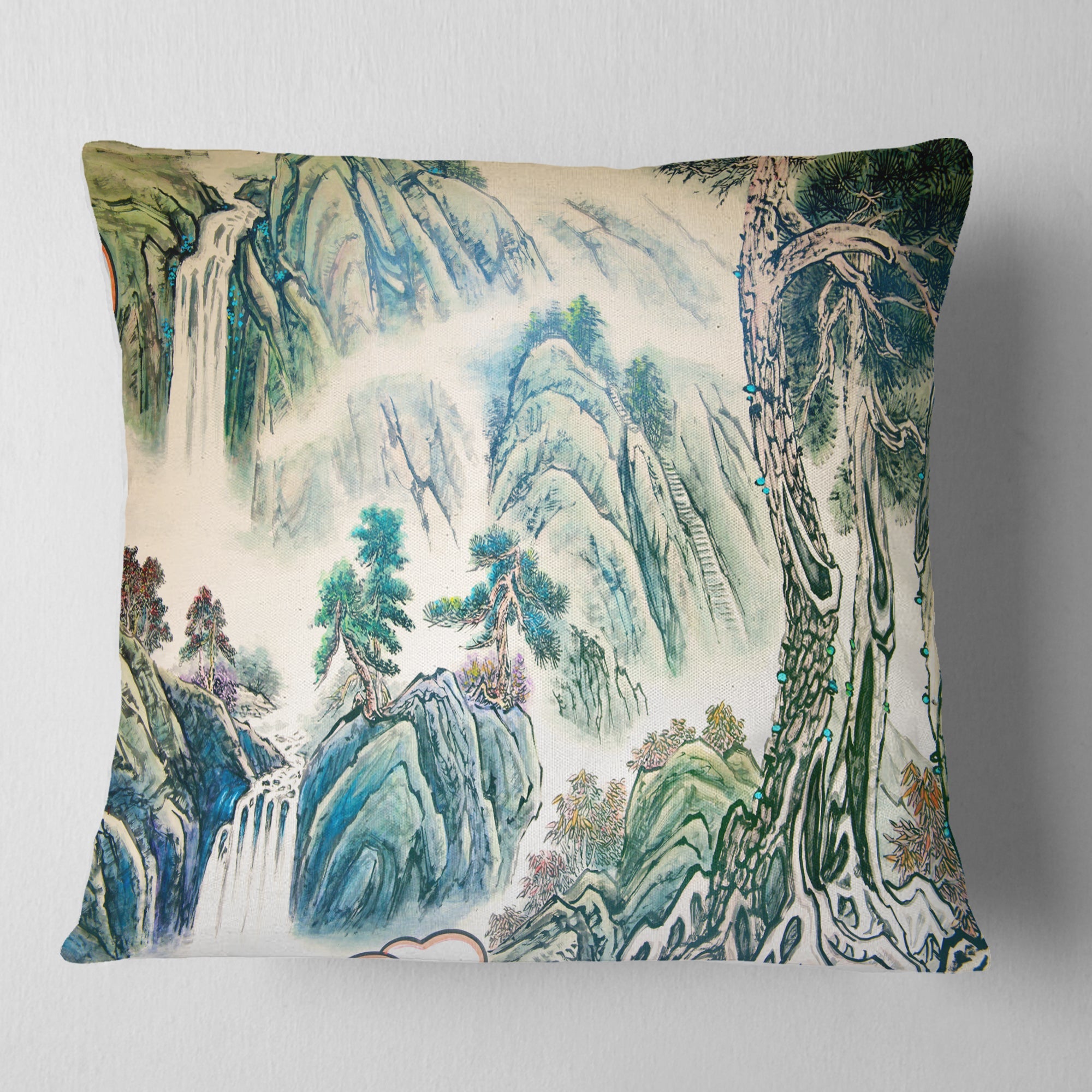 Blue Chinese Landscape Painting - Floral Throw Pillow