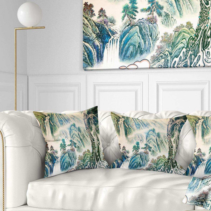Blue Chinese Landscape Painting - Floral Throw Pillow