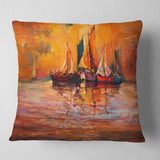 Boats and Ocean in Red - Seascape Throw Pillow