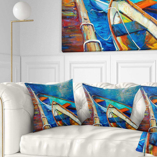 Boats and Pier in Blue Shade - Seascape Throw Pillow