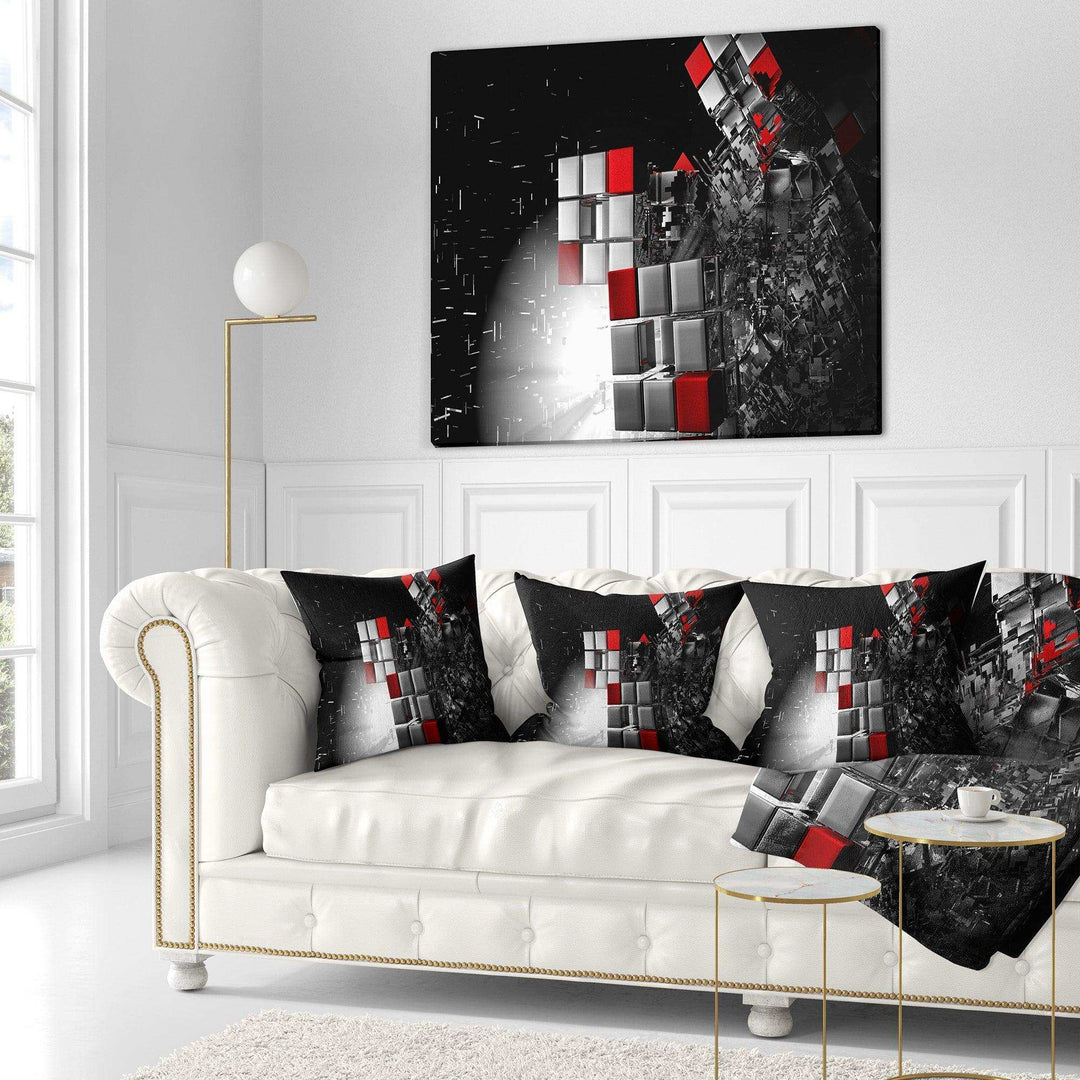 Fractal Red White Cubes - Contemporary Throw Pillow