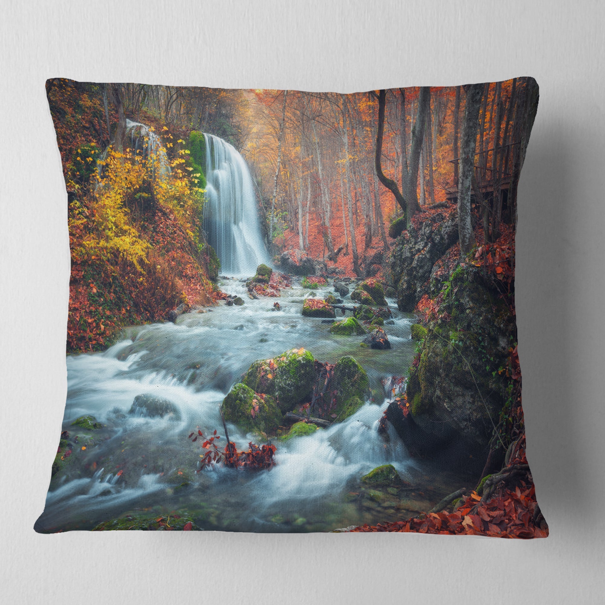 Autumn Mountain Waterfall Long View - Landscape Photography Throw Pillow