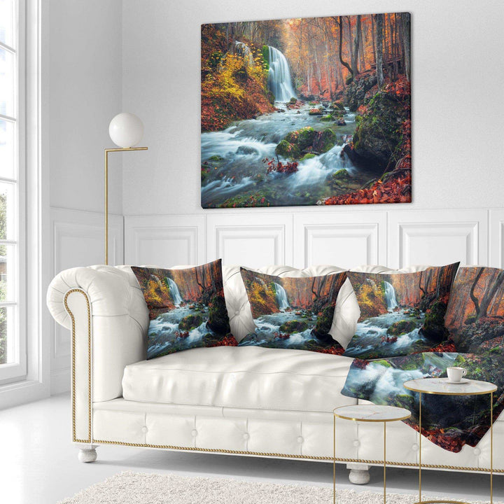 Autumn Mountain Waterfall Long View - Landscape Photography Throw Pillow