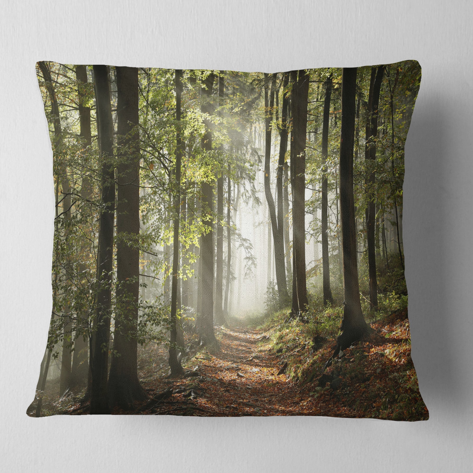 Green Fall Forest with Sun Rays - Landscape Photography Throw Pillow