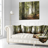 Green Fall Forest with Sun Rays - Landscape Photography Throw Pillow