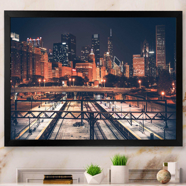 Dark Chicago Skyline and Railroad