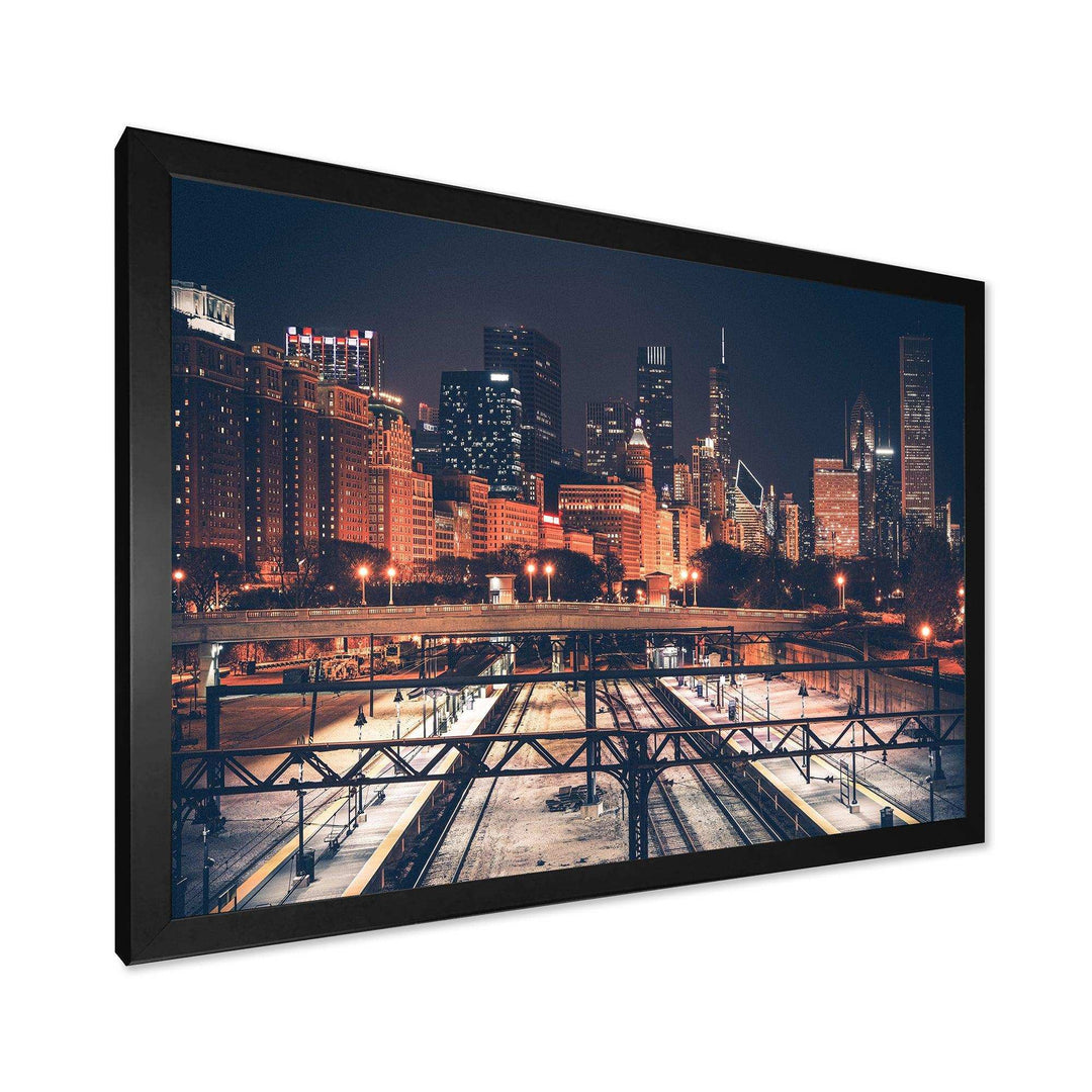 Dark Chicago Skyline and Railroad