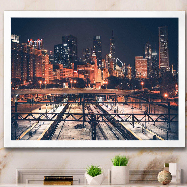 Dark Chicago Skyline and Railroad