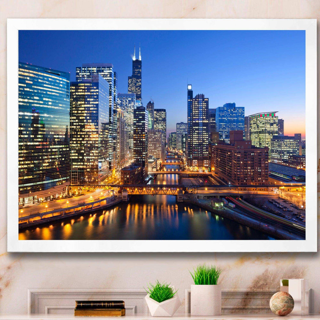 Chicago River with Bridges at Sunset