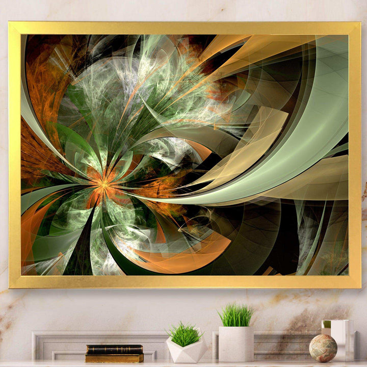 Symmetrical Orange Green Fractal Flower - Modern Living Room Wall Decor