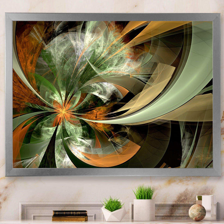 Symmetrical Orange Green Fractal Flower - Modern Living Room Wall Decor