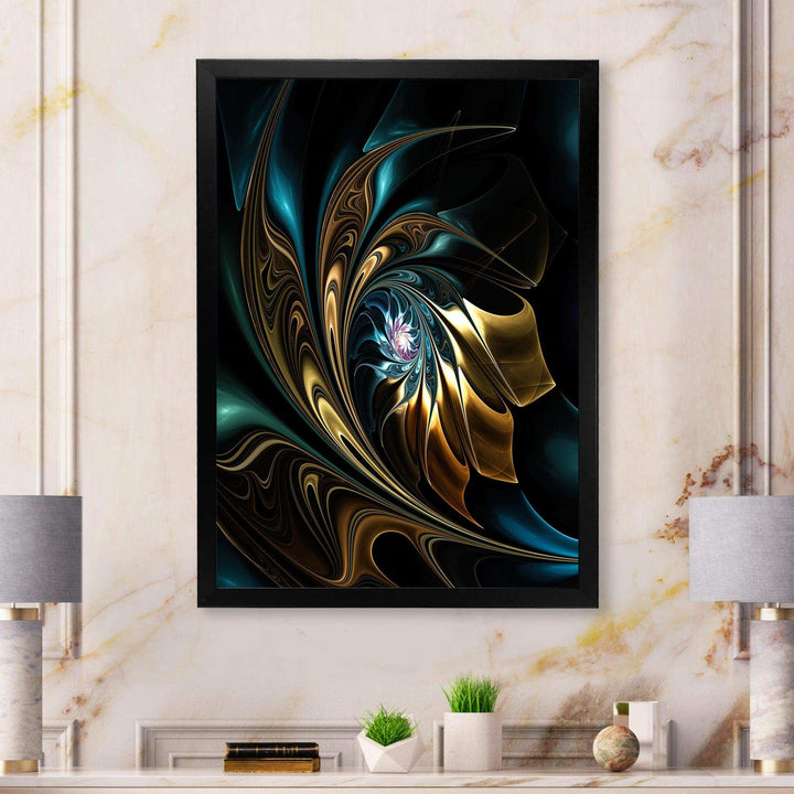 Brown Blue Fractal Flower in Black - Modern Canvas Wall Art