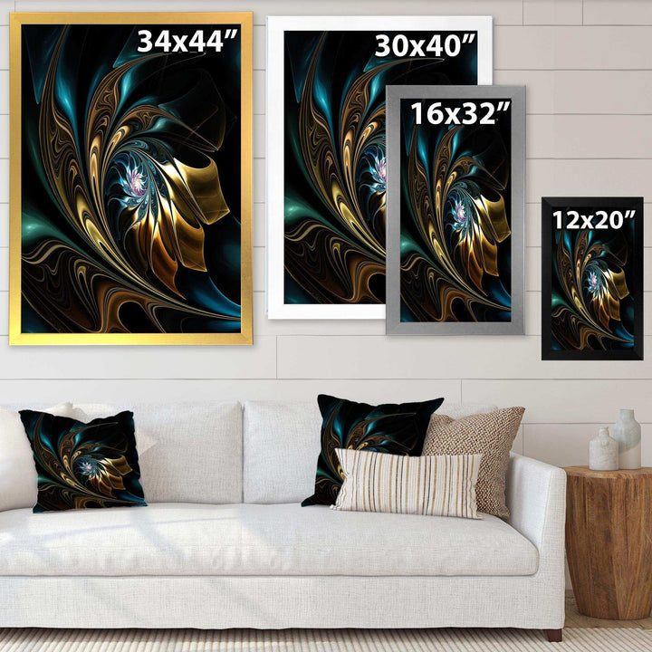 Brown Blue Fractal Flower in Black - Modern Canvas Wall Art