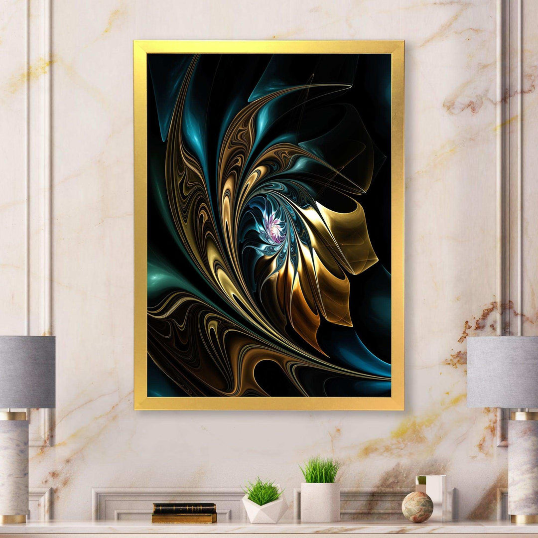 Brown Blue Fractal Flower in Black - Modern Canvas Wall Art