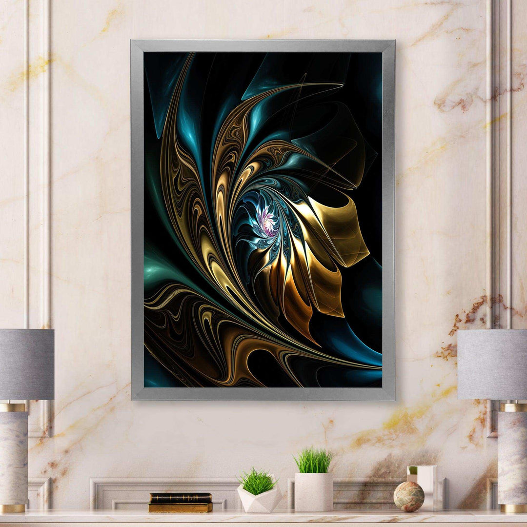 Brown Blue Fractal Flower in Black - Modern Canvas Wall Art