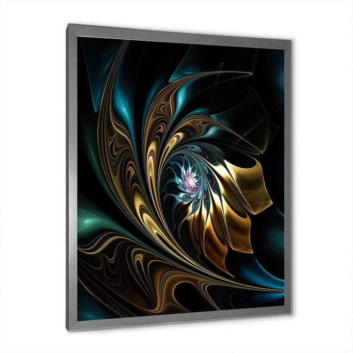 Brown Blue Fractal Flower in Black - Modern Canvas Wall Art