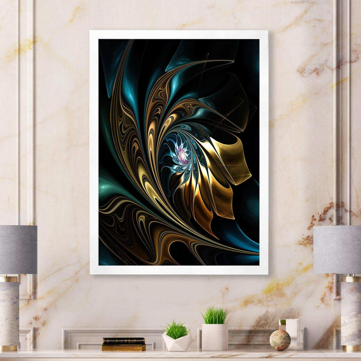Brown Blue Fractal Flower in Black - Modern Canvas Wall Art