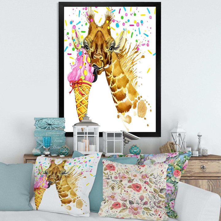 Giraffe Eating Ice Cream Watercolor