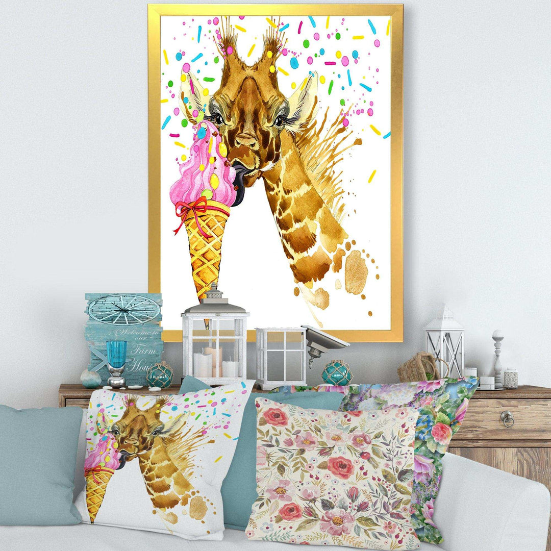 Giraffe Eating Ice Cream Watercolor