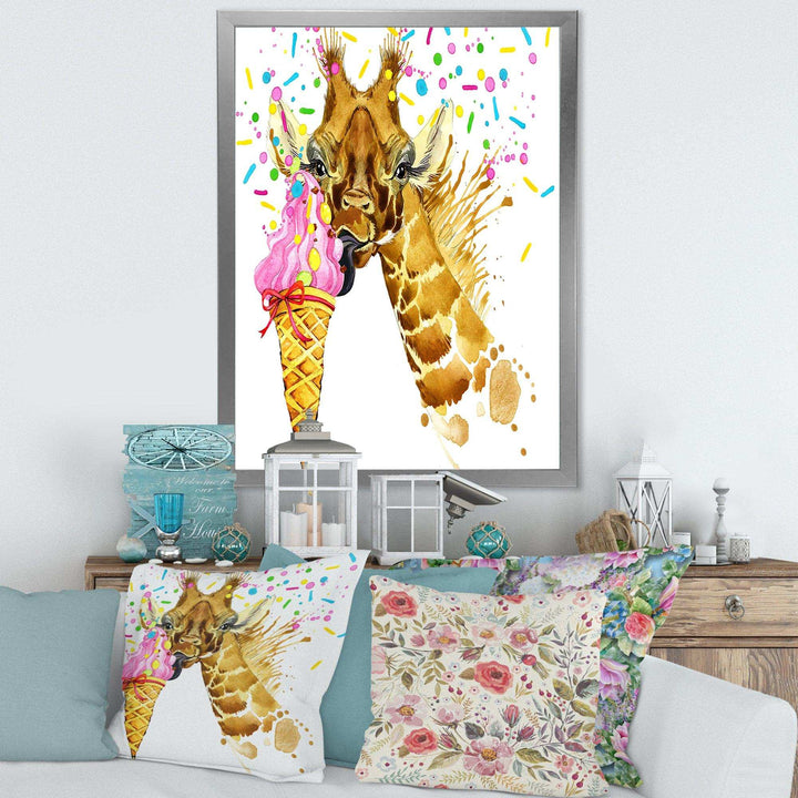 Giraffe Eating Ice Cream Watercolor