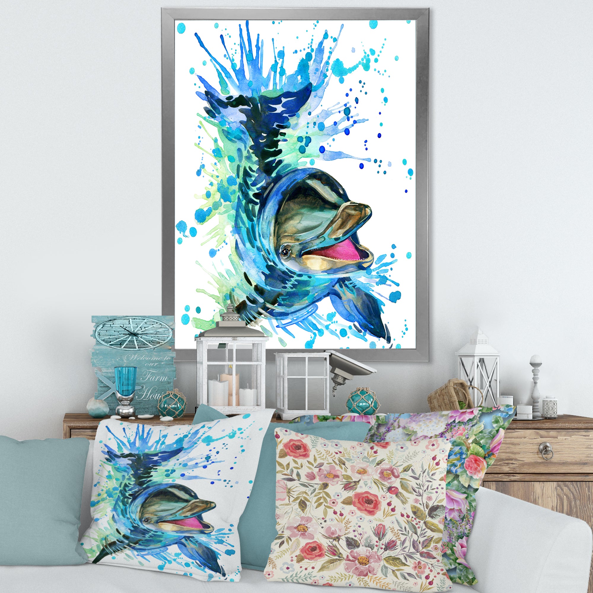 Large Blue Dolphin Watercolor