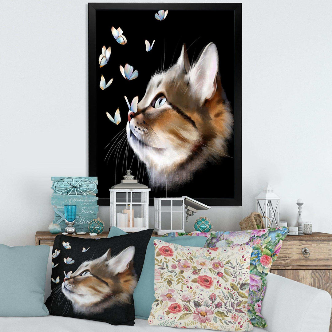 Cat with Butterflies on Black