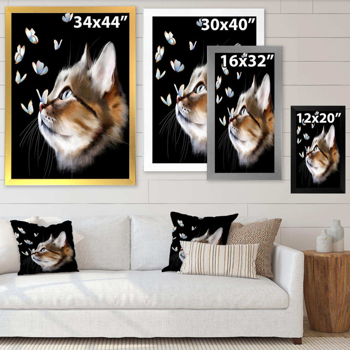 Cat with Butterflies on Black