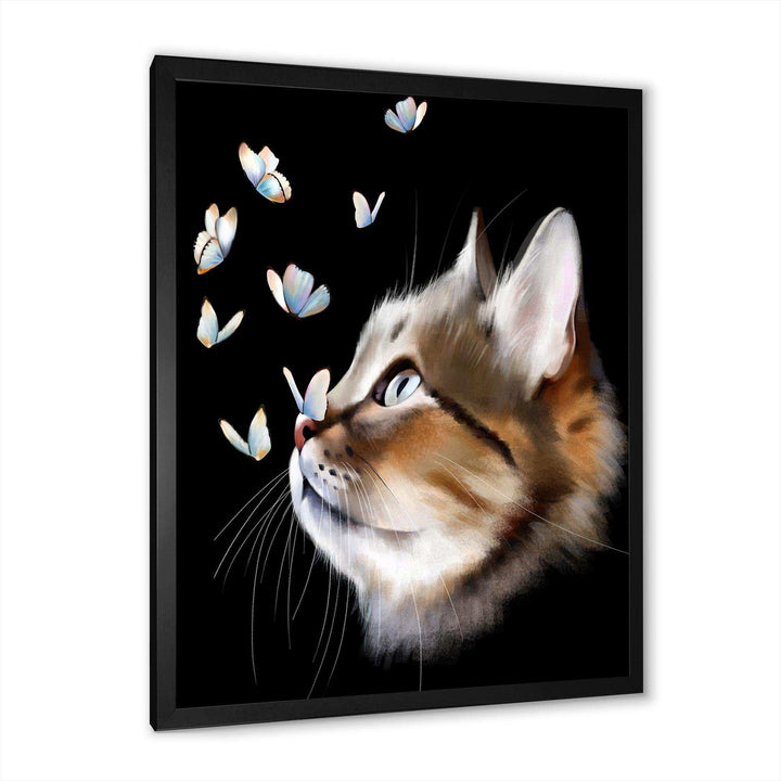 Cat with Butterflies on Black