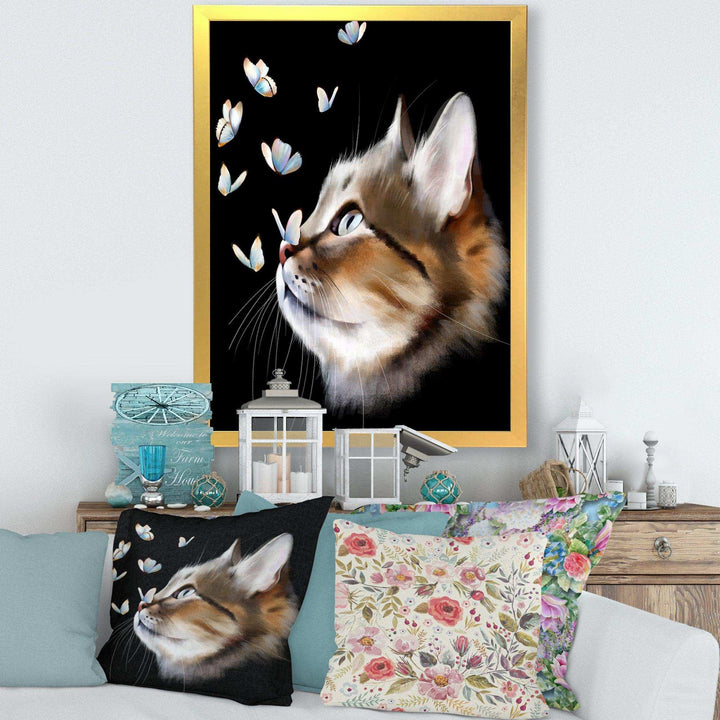 Cat with Butterflies on Black