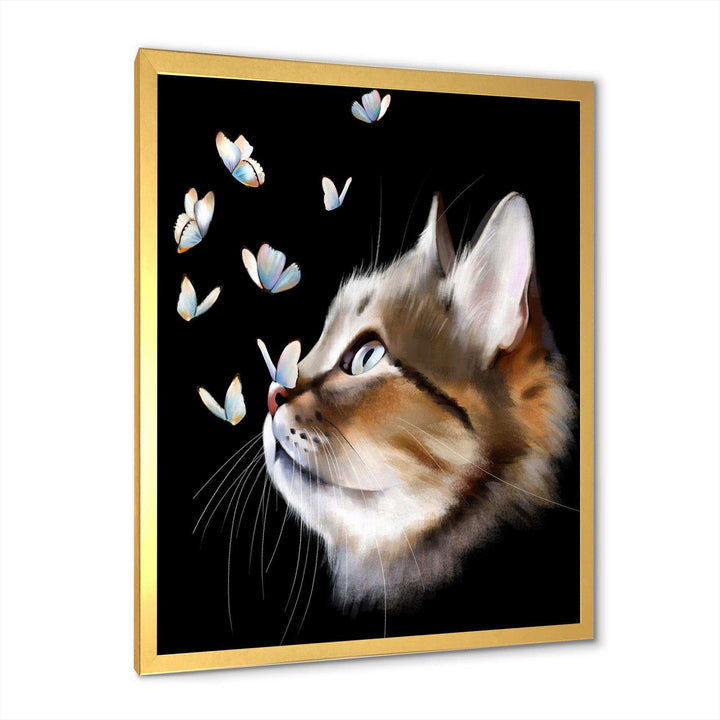 Cat with Butterflies on Black