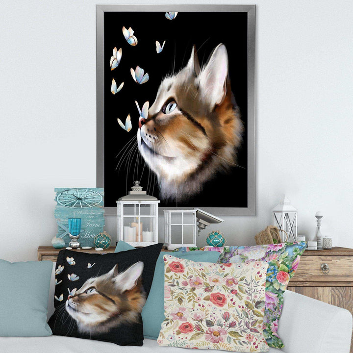 Cat with Butterflies on Black