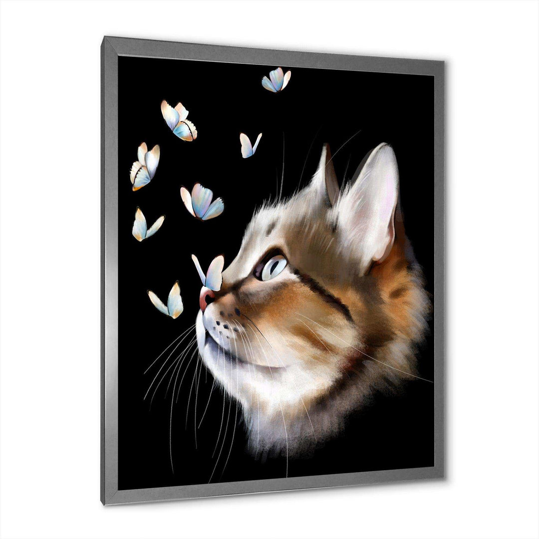 Cat with Butterflies on Black