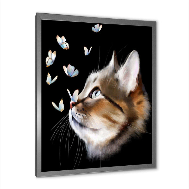Cat with Butterflies on Black