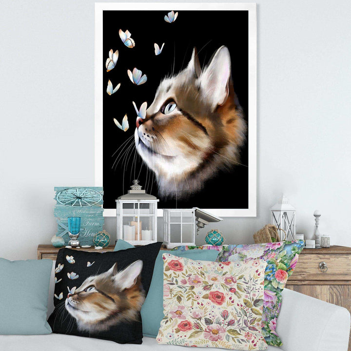 Cat with Butterflies on Black