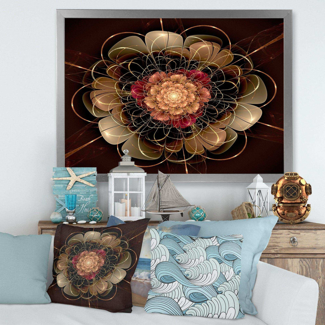 Dark Gold Red Fractal Flower Pattern - Floral Canvas Wall Art