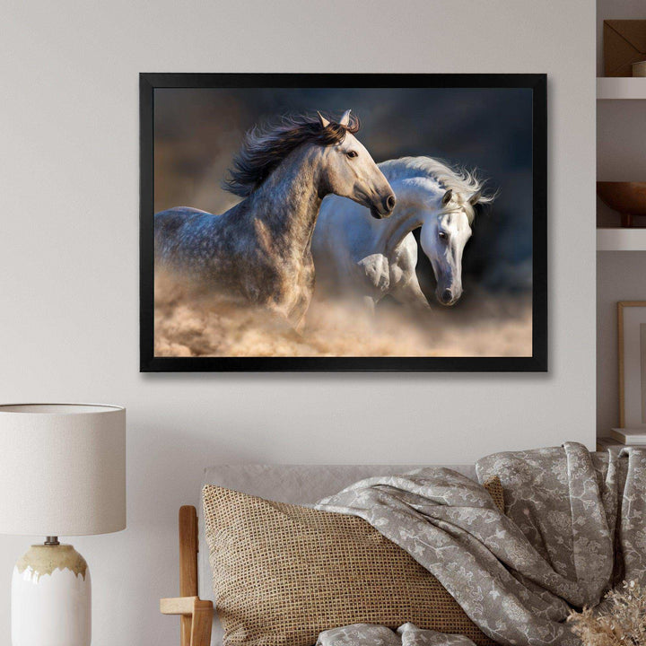 Horses run in dust
