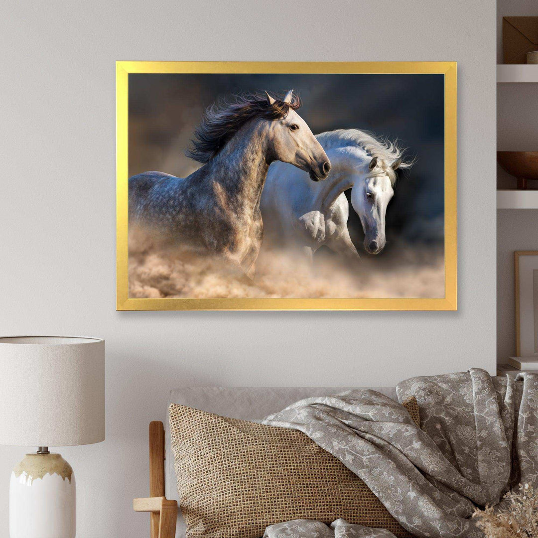 Horses run in dust