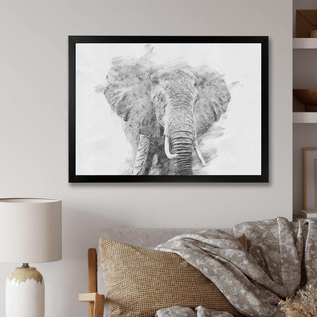 Black and White Elephant Sketch - Traditional Living Room Wall Decor
