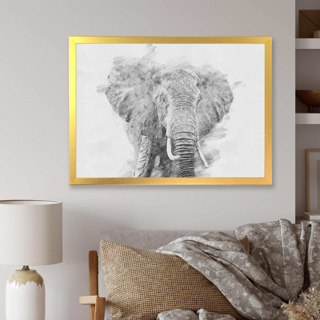Black and White Elephant Sketch - Traditional Living Room Wall Decor