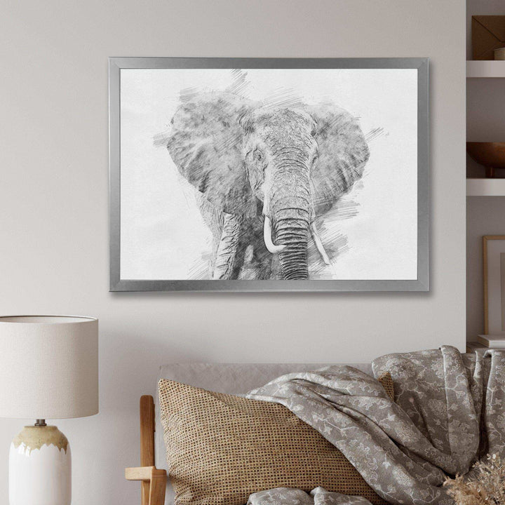 Black and White Elephant Sketch - Traditional Living Room Wall Decor