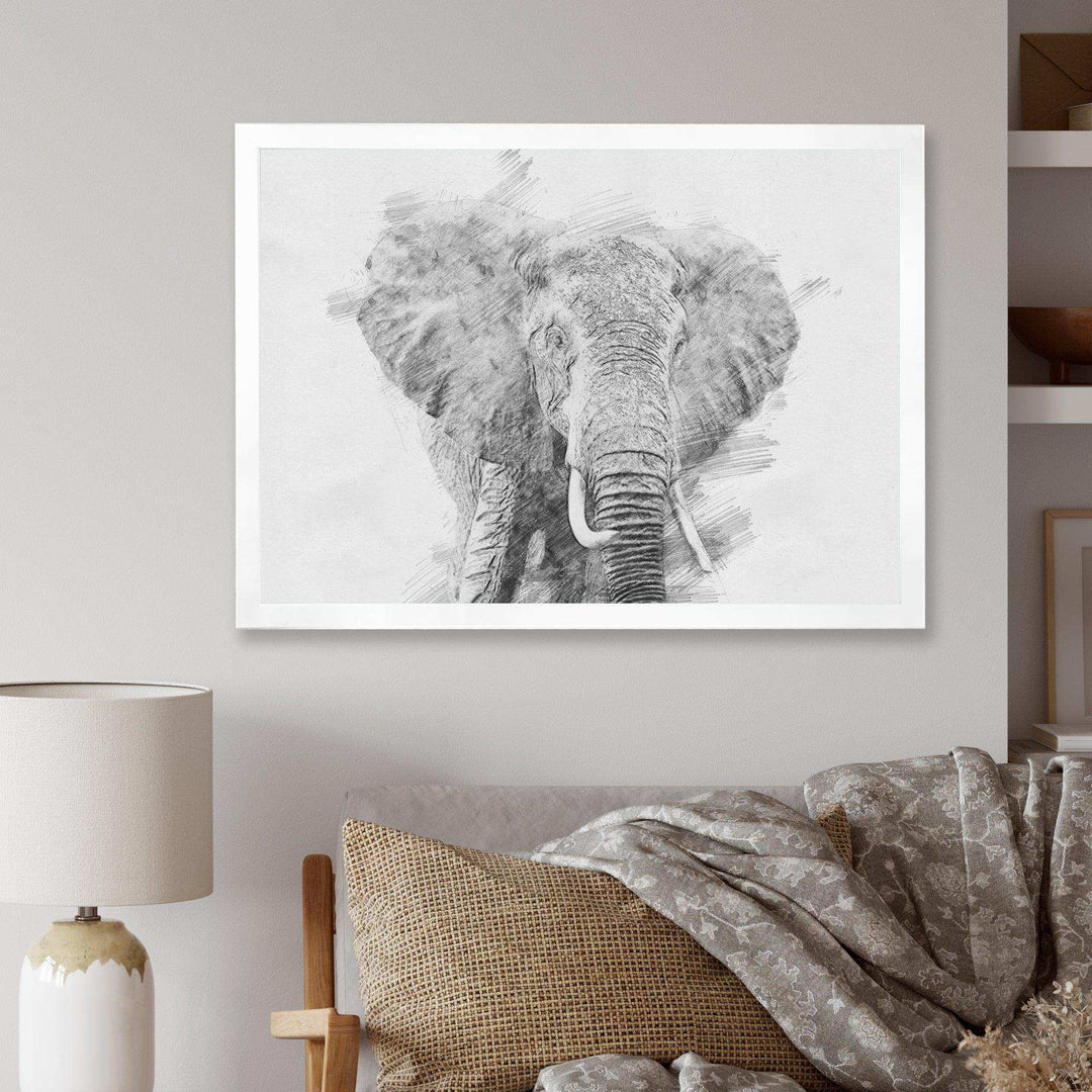 Black and White Elephant Sketch - Traditional Living Room Wall Decor