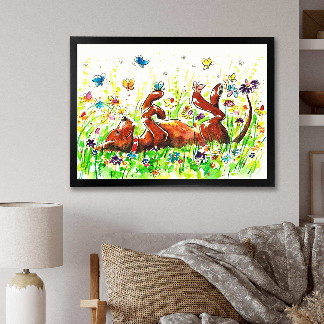 Happy Brown dog with Flowers and Butterfly
