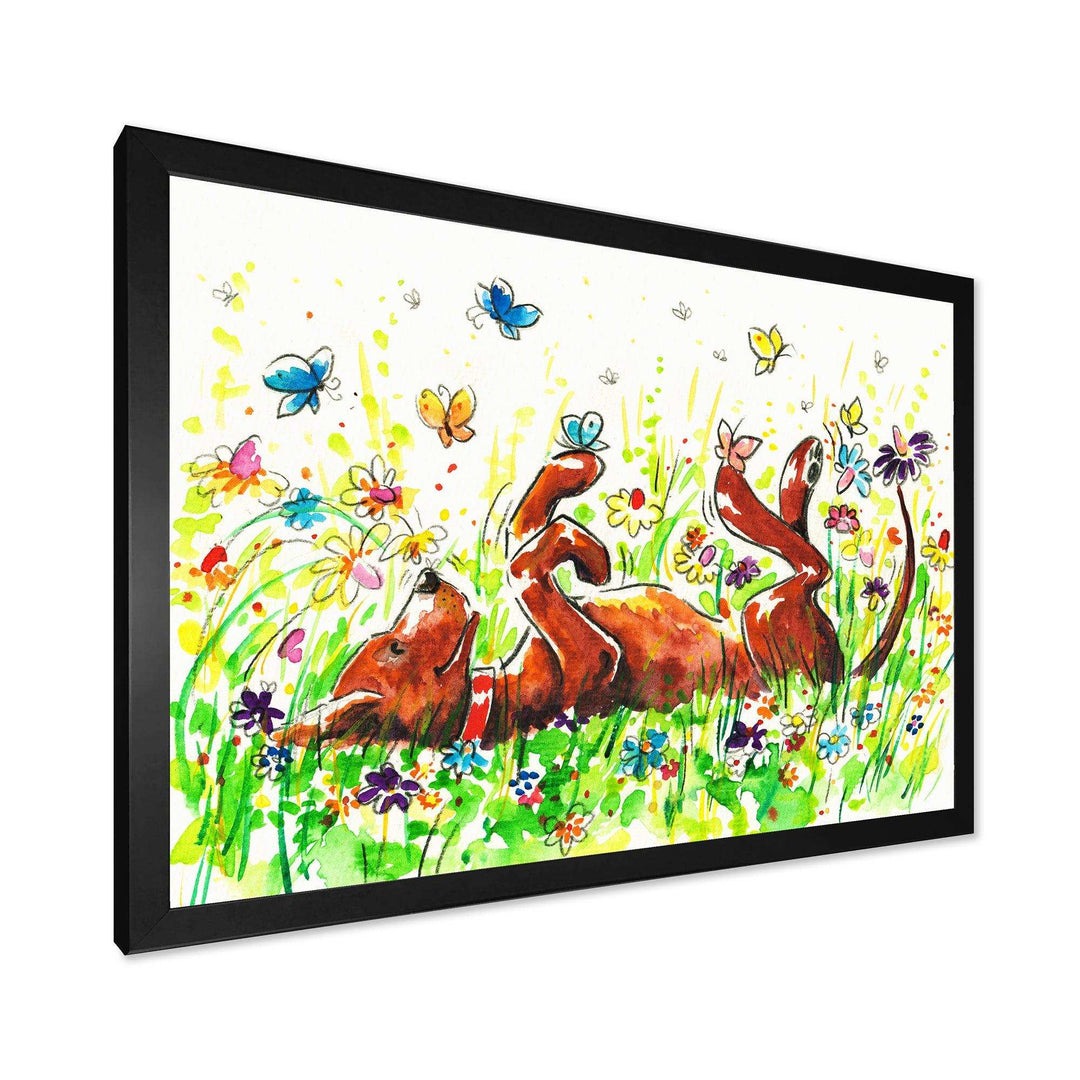 Happy Brown dog with Flowers and Butterfly