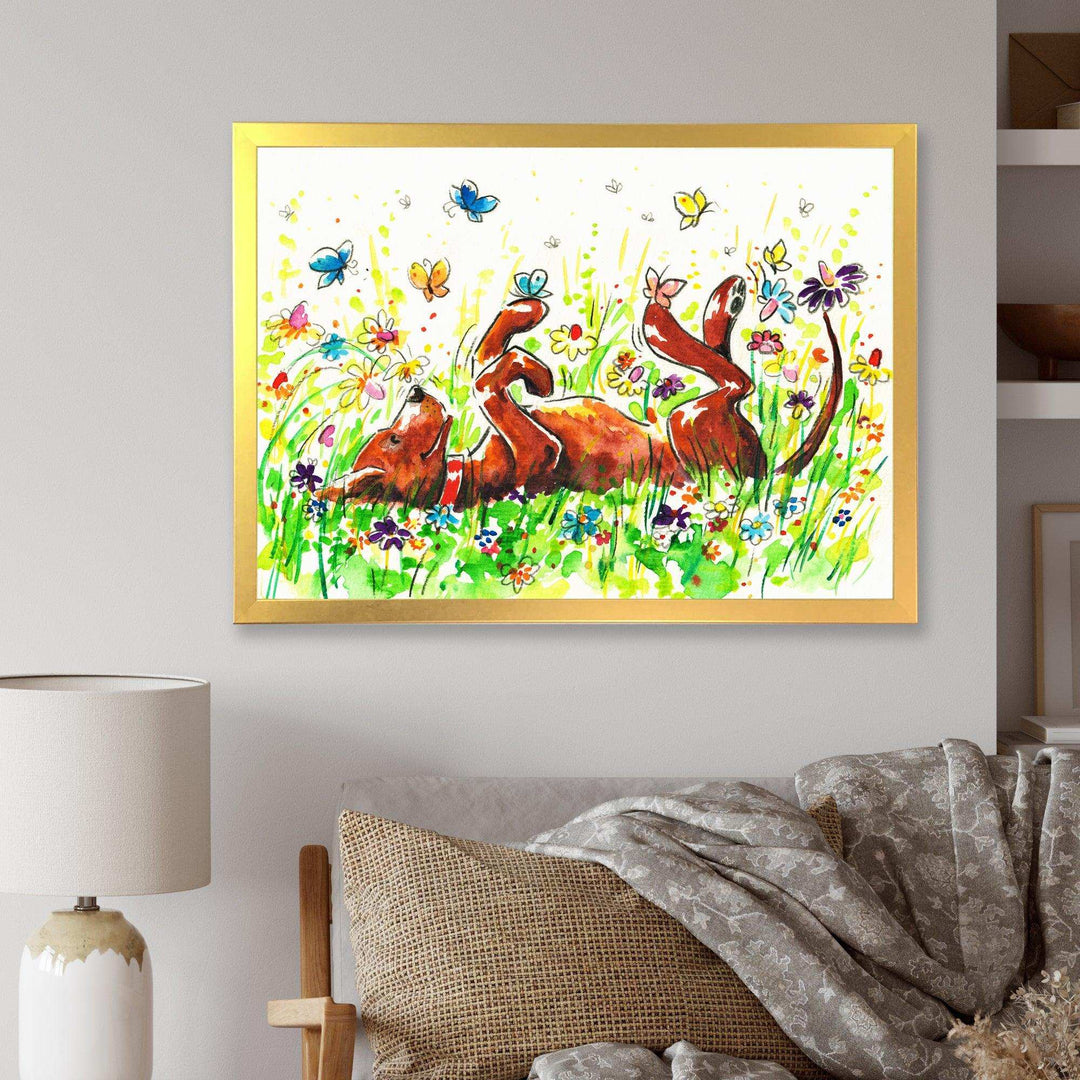 Happy Brown dog with Flowers and Butterfly