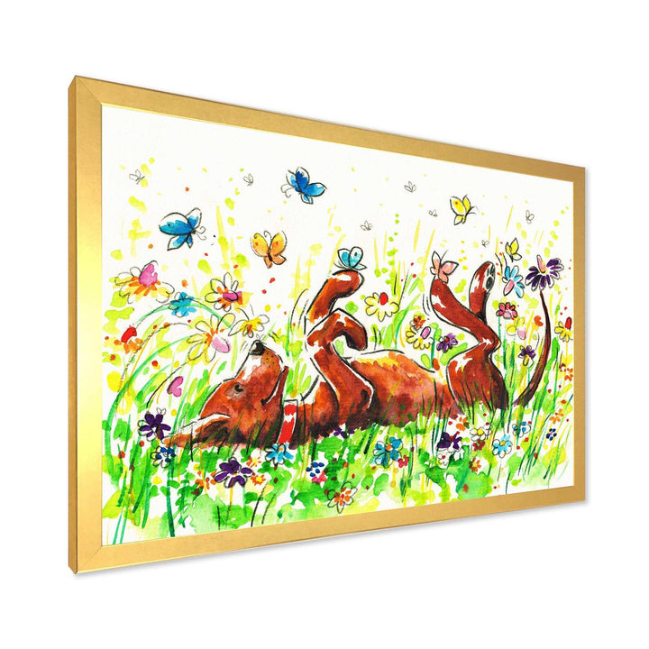 Happy Brown dog with Flowers and Butterfly