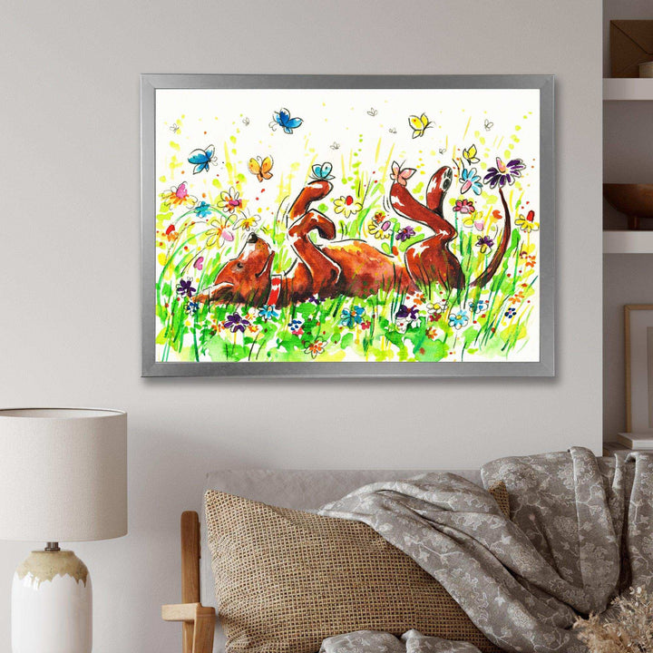 Happy Brown dog with Flowers and Butterfly