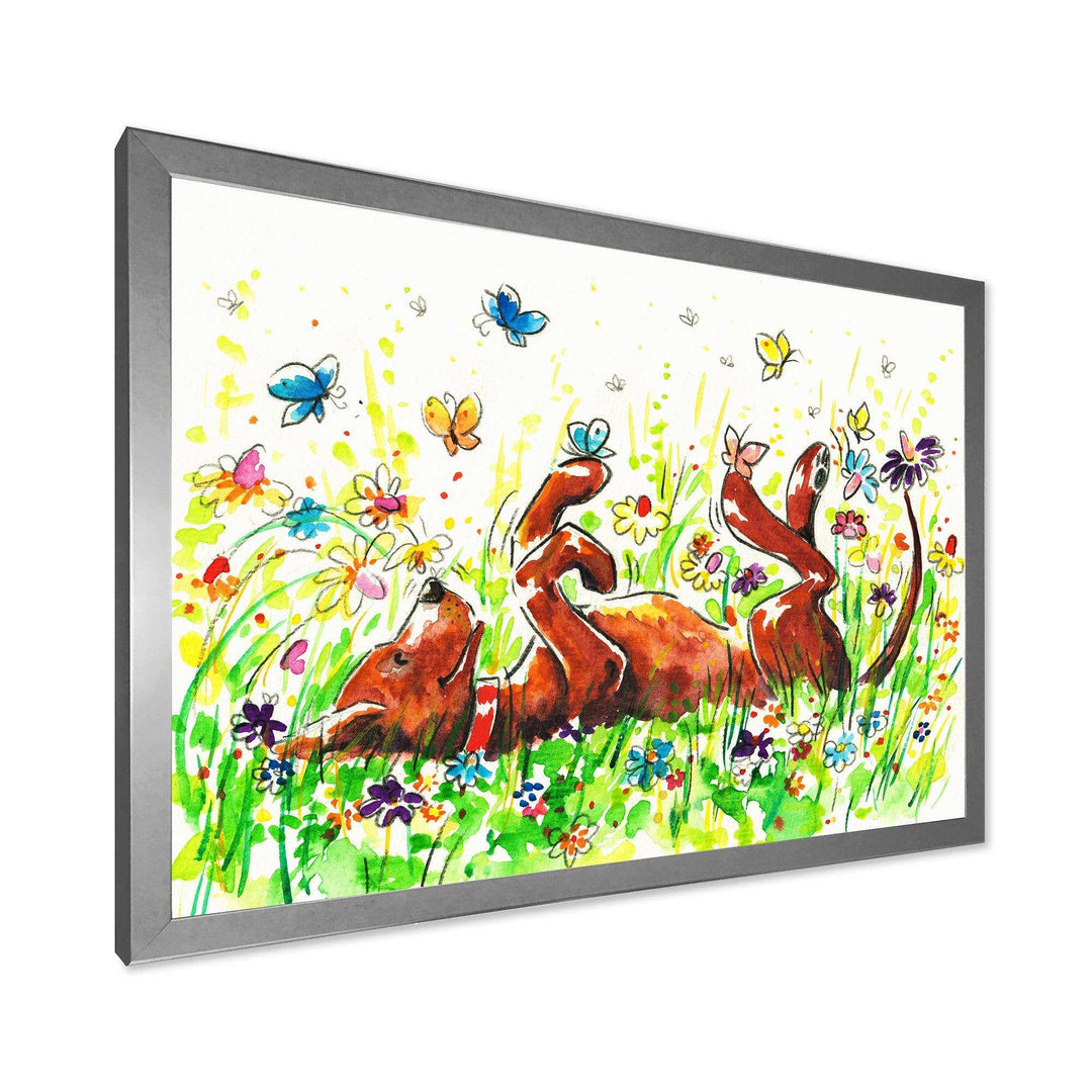 Happy Brown dog with Flowers and Butterfly