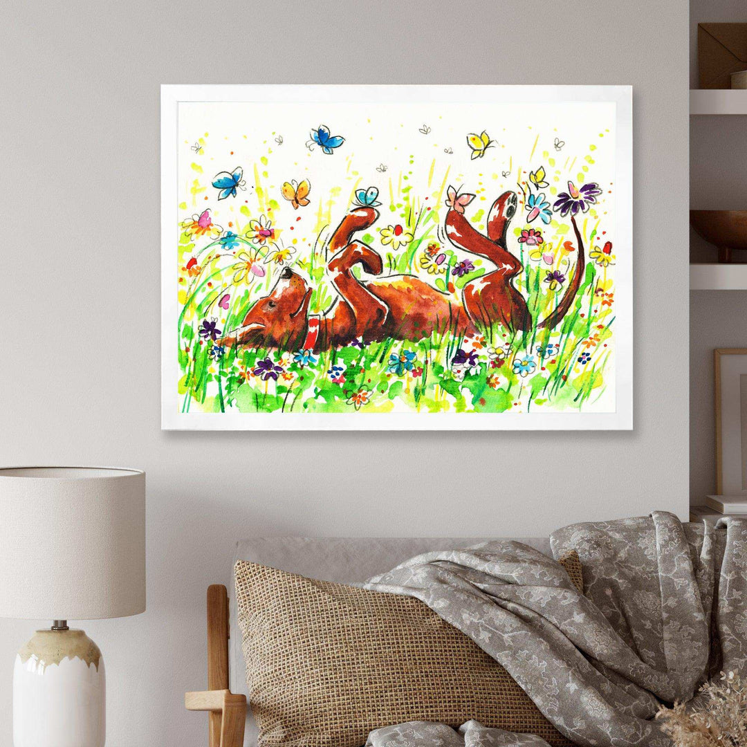 Happy Brown dog with Flowers and Butterfly