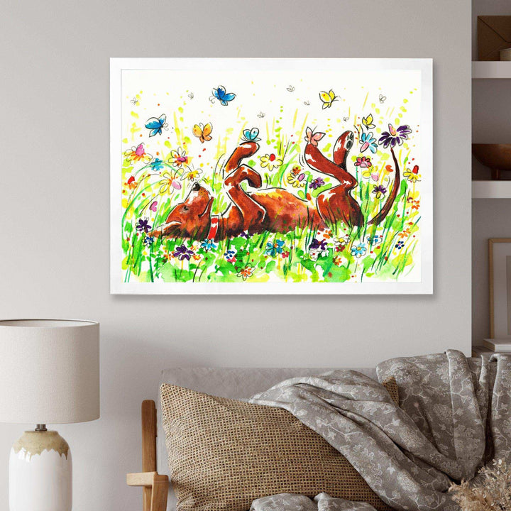 Happy Brown dog with Flowers and Butterfly